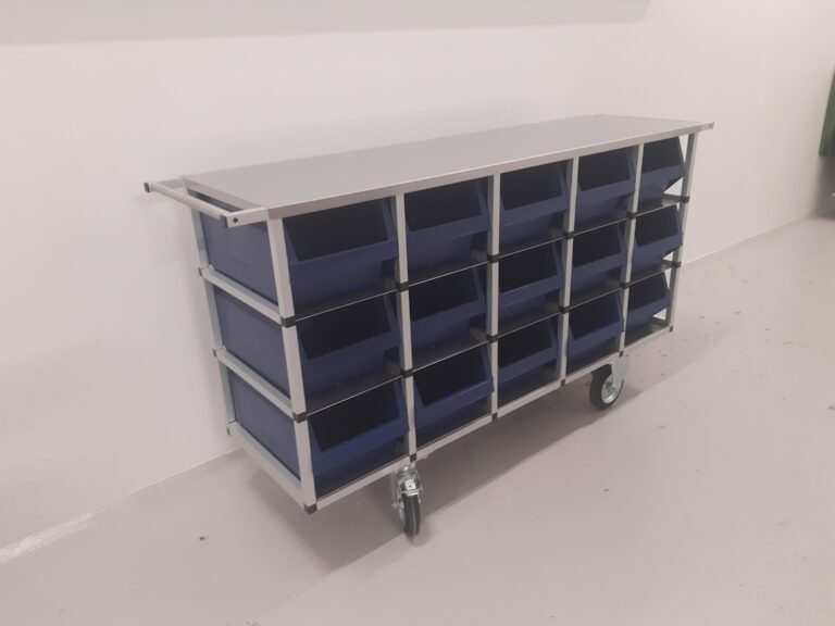 Mobil lager transportvogn i aluminium og rustfrit stål til sortering i produktion